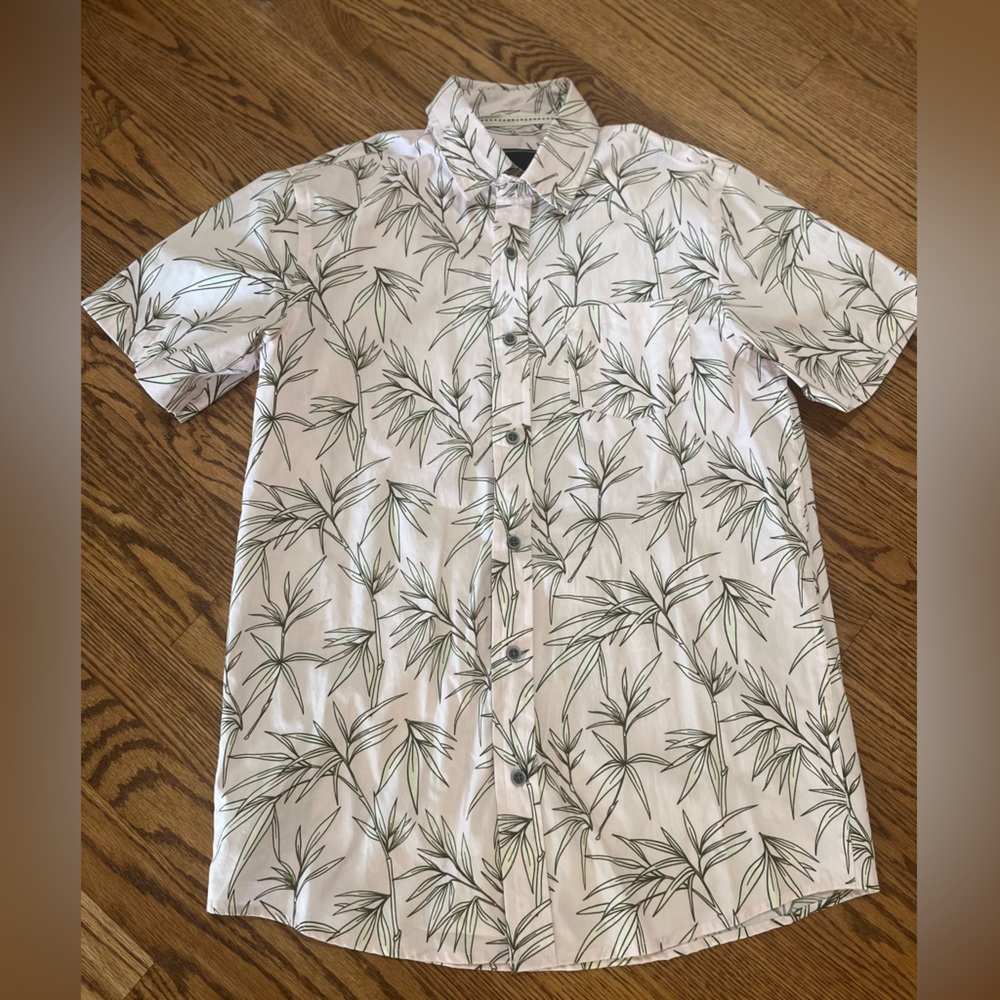 VSTR Mens Sm Pale Pink Bamboo Leaf Print Short Slv Button Down Hawaiian Shirt